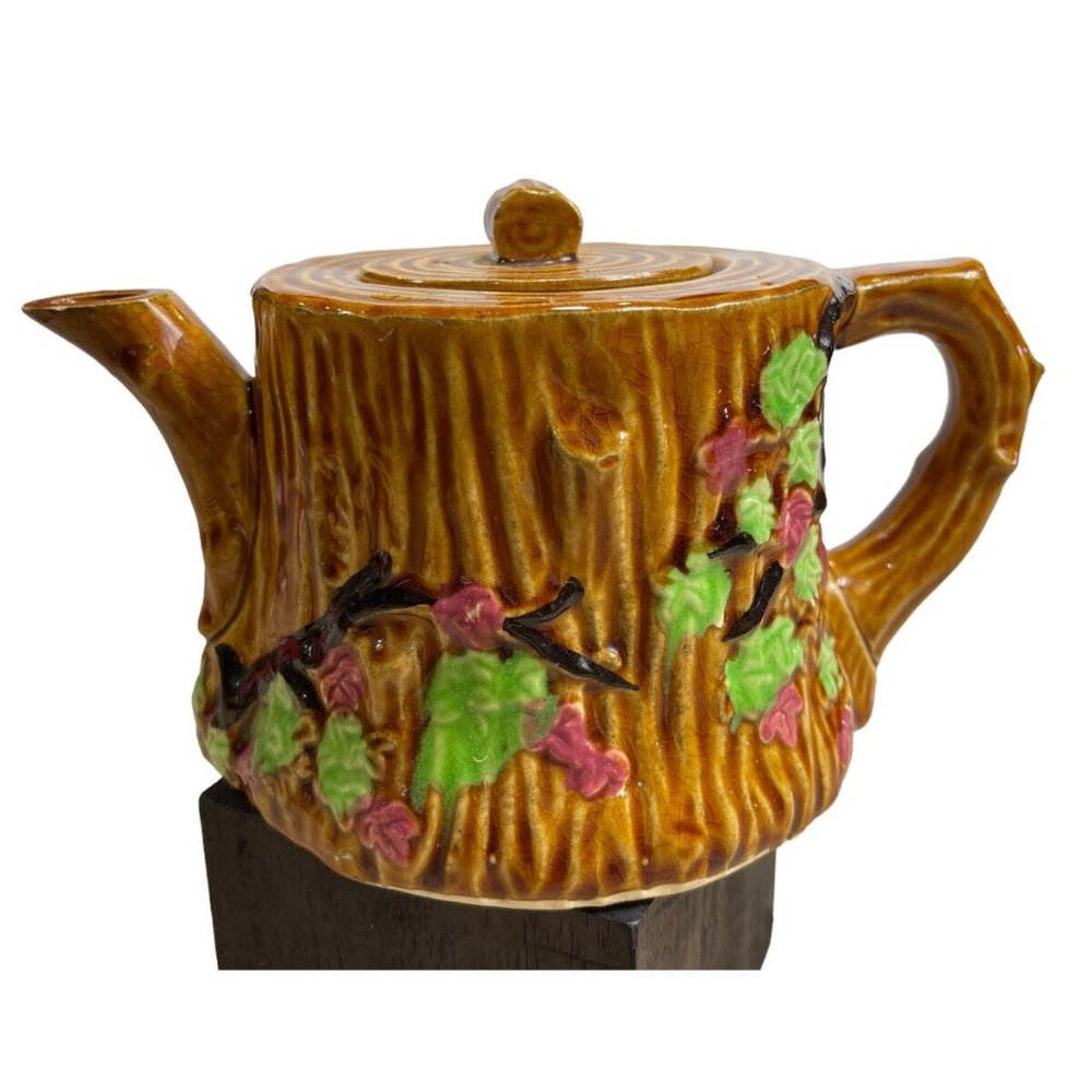Vintage Teapot 3 Cups Handle Made In Japan Log Tree Brown